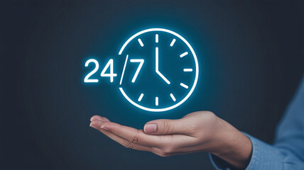 Hand holding 24/7 neon clock, symbolizing round-the-clock availability and customer support
