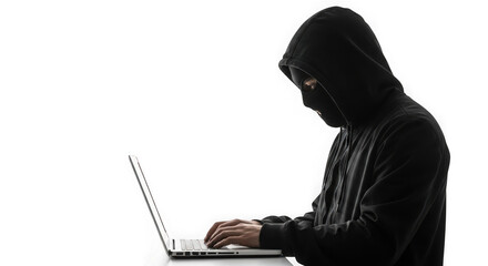 Anonymous hacker in hood working on laptop computer cybercrime threat concept transparent background
