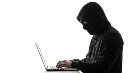 Anonymous hacker in hood working on laptop computer cybercrime threat concept transparent background