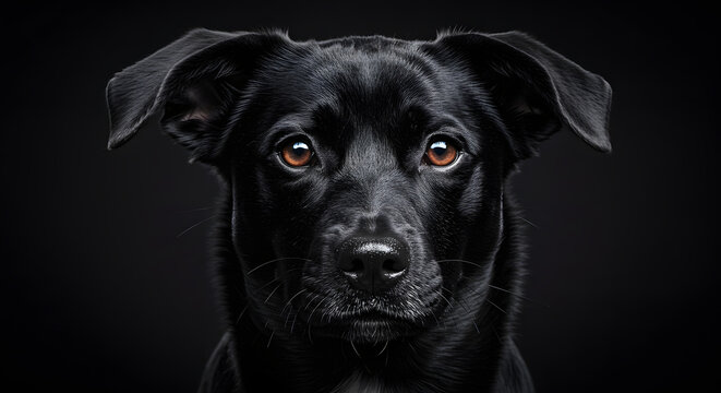 Elegant studio portrait of a beautiful black dog with intense amber eyes, captured in a dramatic low-key lighting setting. - Powered by Adobe