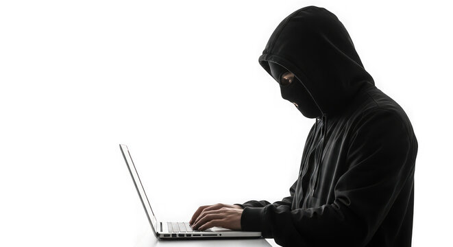 Anonymous hacker in hood working on laptop computer cybercrime threat concept transparent background