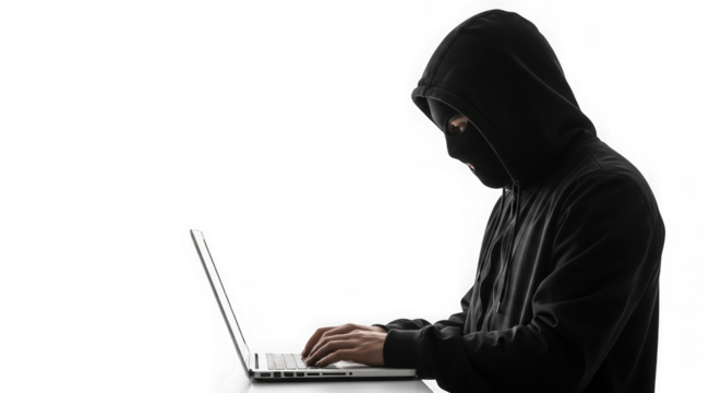 Anonymous hacker in hood working on laptop computer cybercrime threat concept transparent background