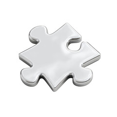 Obraz premium A single, metallic silver jigsaw puzzle piece, 3D rendered, isolated against black. A glossy, reflective surface shows a simple, geometric shape