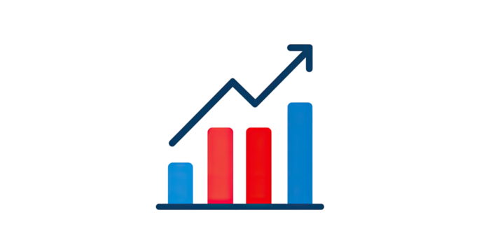 A stylized, glowing bar graph icon.  Dark blue and red bars, rising upward trend.  Pixelated effect - Powered by Adobe