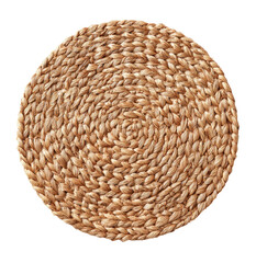Round, light beige woven placemat.  Close-up, circular texture