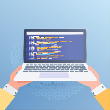 Modaya uygun Yarım Ton Kolaj Programlama ve kodlama konsepti. Ekranda ve elde kod bulunan diz&uuml;st&uuml; bilgisayar. Yazılım geliştirme. Web sitesi kodlama s&uuml;reci. &Ccedil;ağdaş vekt&ouml;r ill&uuml;strasyon sanatı.

