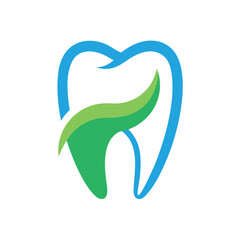 Modern dental care logo featuring a stylized blue tooth outline and clean typography
