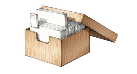 Watercolor rendering of an index card collection in a tan cardboard box