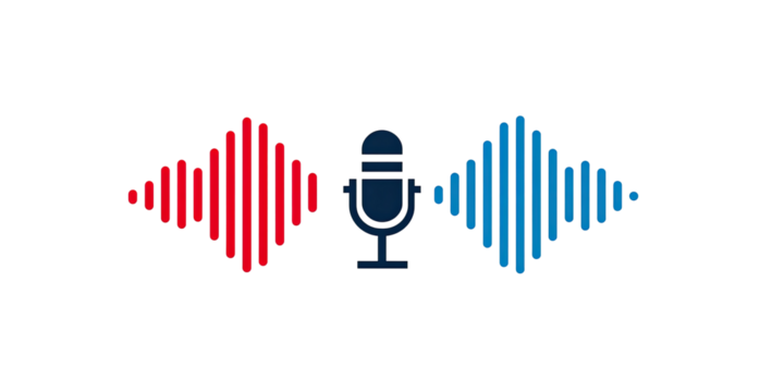 Audio waves and microphone graphic. Red and blue audio waveforms flank a simple microphone icon - Powered by Adobe