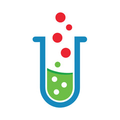Modern laboratory logo featuring a vibrant blue test tube with scientific elements and clean typography