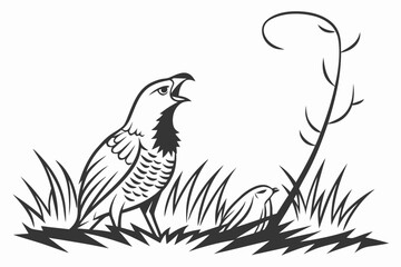 Calling Quail and Baby: A Black and White Bird Vector Illustration
