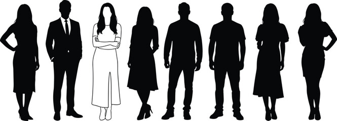 Silhouette of diverse people standing in casual and formal outfits, male and female figures vector illustration for stock content use