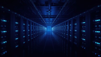 A dark server room with rows of server racks illuminated by blue lights leading to a bright end