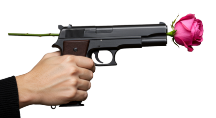 Hand holding pistol with pink rose in barrel png isolated on transparent background