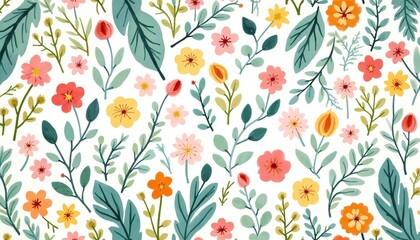 Cute pastel floral pattern featuring tiny spring flowers, leaves on white background. Seamless design incorporates pink, yellow, orange blooms with green foliage, reminiscent of vintage wallpaper