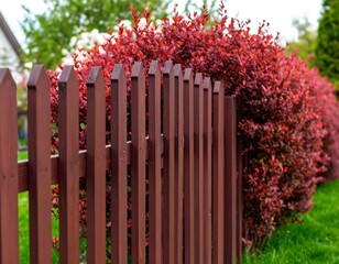 Obraz premium Rustic Wooden Fence with Vibrant Red Bush in a Lush Green Garden.