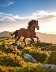 Majestic horse galloping on mountaintop at sunset