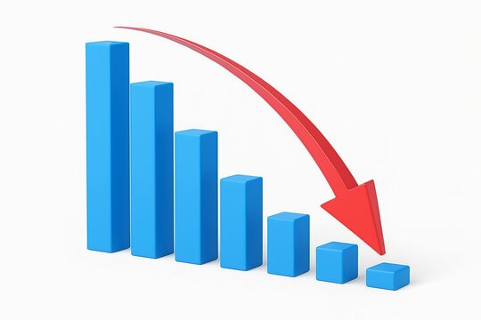 Blue bar graph showing a sharp decline with a red arrow indicating a downward trend