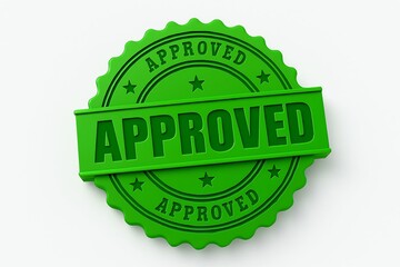 Green approved stamp seal of approval with stars and text on white background