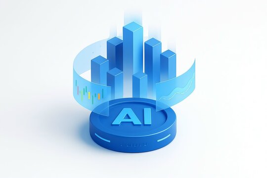 Abstract blue ai symbol with futuristic cityscape hologram on white background