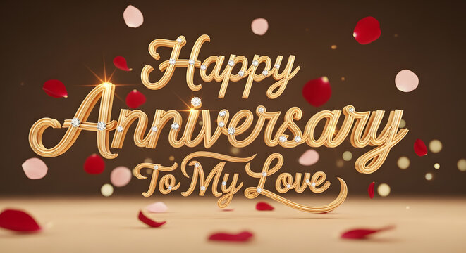 Luxurious "Happy Anniversary To My Love" Gold Text with Diamonds and Rose Petals - Powered by Adobe