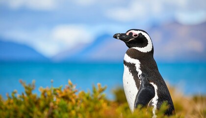 Majestic penguin gazes at distant mountains