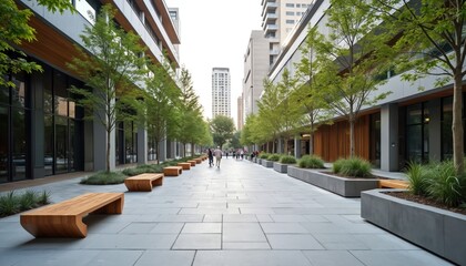 Fototapeta premium Minimalist urban plaza featuring geometric paving, sleek wooden benches. Clean, symmetrical design with modern architecture creates balanced, elegant public space perfect for city strolling,