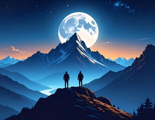 Two figures stand on a mountain peak at night, gazing at a full moon