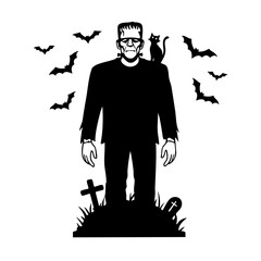 Black and white illustration of Frankenstein in cemetery with cat and bat