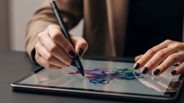 Woman's Hands Drawing Colorful Abstract Art on a Tablet with a Stylus Pen