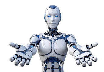 Futuristic humanoid robot offering assistance isolated on transparent background