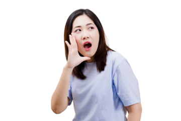 A woman is shouting with one hand cupped around her mouth, conveying a sense of urgency or excitement.