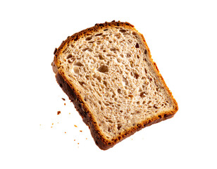 A brown multigrain bread slice in the air isolated on a transparent background.