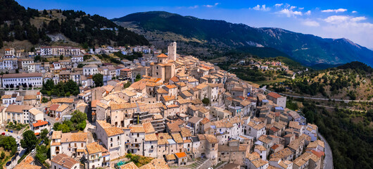 Abruzzo tourism, Italy . The most beautiful italian villages (borgo) Castel del Monte - Located in Gran Sasso mountain range. aerial drone panoramic view