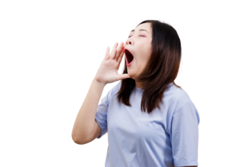 A woman yawning with a hand cupped around her mouth, expressing tiredness or a call for attention.