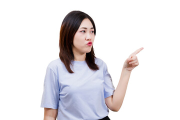 A woman in a light blue shirt is pointing with a serious expression, suggesting authority or...