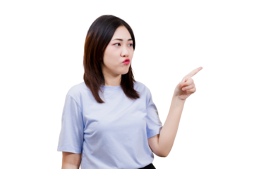 A woman in a light blue shirt is pointing with a serious expression, suggesting authority or emphasis.