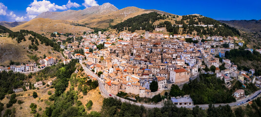 Abruzzo tourism, Italy . The most beautiful italian villages (borgo) Castel del Monte - Located in Gran Sasso mountain range. aerial drone panoramic view