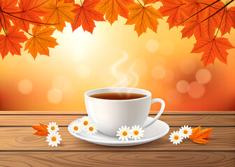 Cozy autumn scene with steaming cup of tea and falling leaves