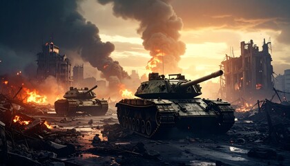 Abandoned battlefield twilight, destroyed tanks and city skyline's aftermath of destruction