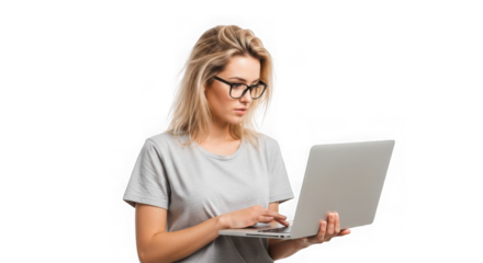 Young woman wearing glasses engaged with her laptop computer for work or study transparent background