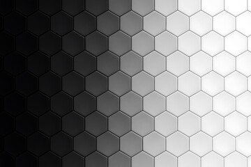 Grayscale hexagonal gradient background with 3d geometric honeycomb pattern creating futuristic abstract design in black to white transition for modern minimalistic technology concept