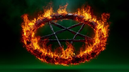 Fototapeta premium Glowing Demonic Pentagram Surrounded by Flames on a Dark Green Background