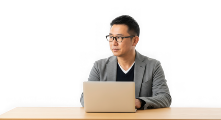 Professional man with glasses and laptop engaged in thoughtful work transparent background