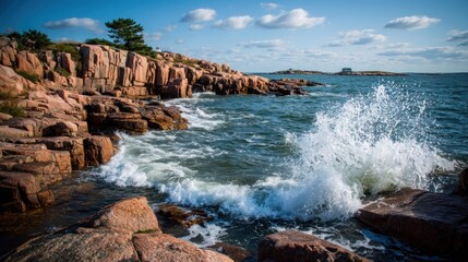 Rocky coast with splashing waves, blue sky and distant land
