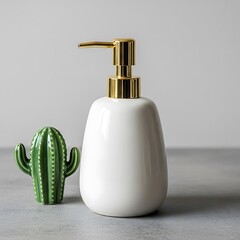 Obraz premium Minimalist White Soap Dispenser with Gold Pump and Decorative Cactus