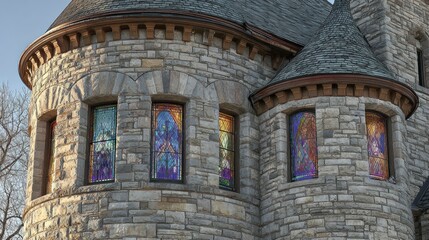 Stone turret with colorful stained glass windows