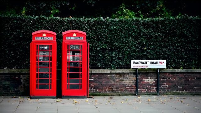 London, United Kingdom. A photograph of a red telephone booth on a sidewalk.