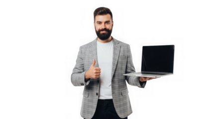 Professional man with laptop and notes ready for business presentation or meeting transparent background