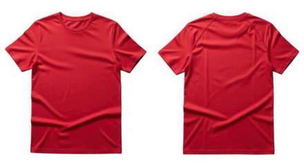 Two red t-shirts front and back view realistic clothing mockup studio shot